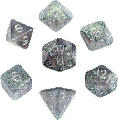 10mm Mini Stardust Acrylic Poly Dice Set: Gray w/ Silver Numbers