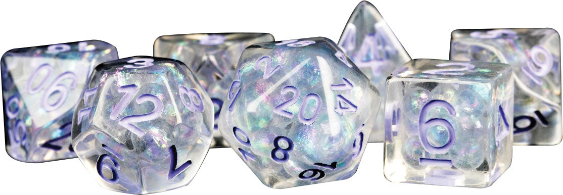 16mm Resin Poly Dice Set: Pearl with Purple Numbers